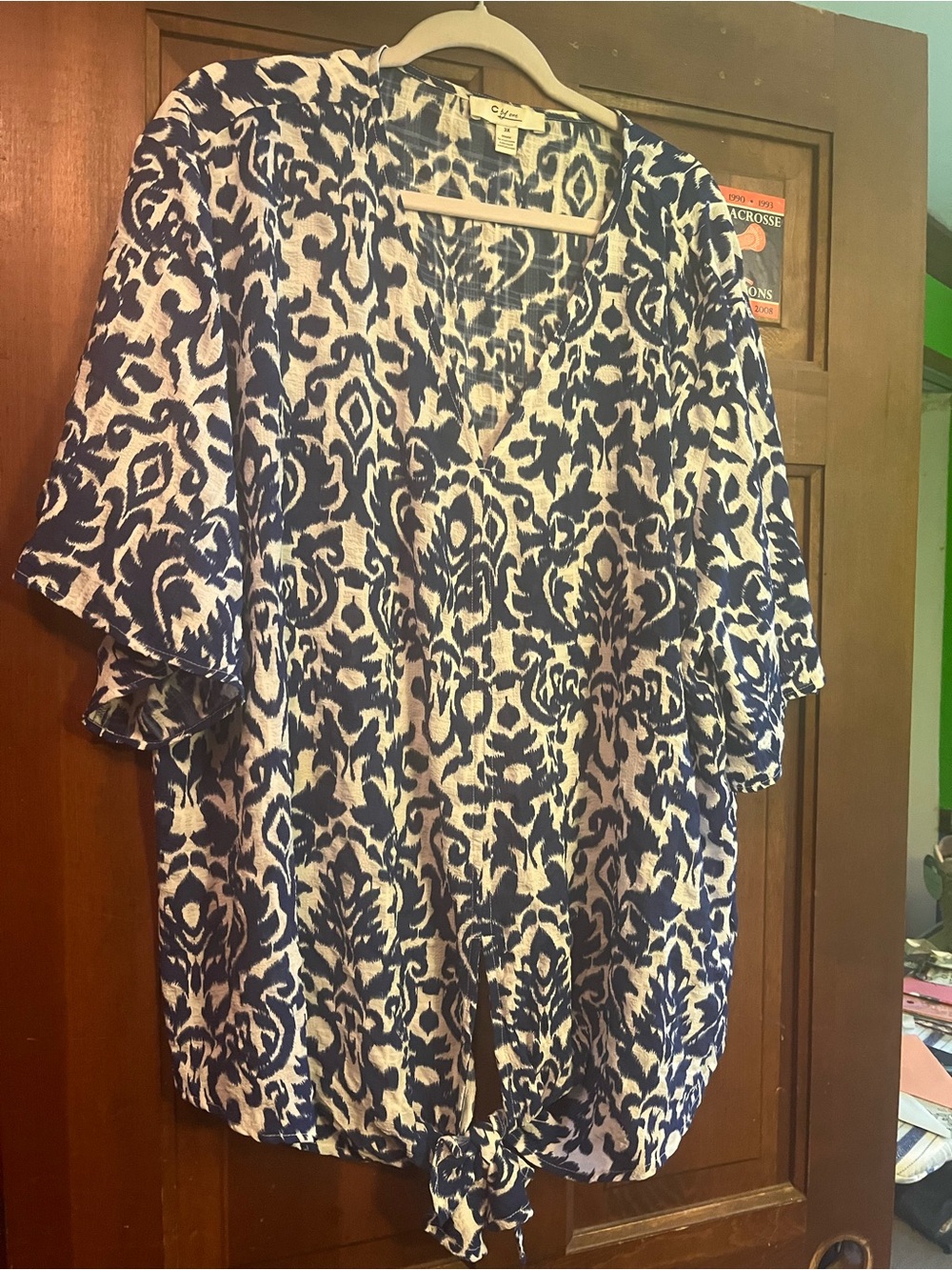 Croft & Barrow Blue and White Ikat-Print V-Neck Tie-Hem Blouse